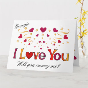 I LOVE YOU Red Heart Gold Ribbon Marriage Proposal Card
