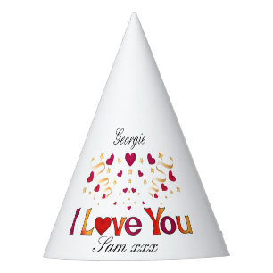 I LOVE YOU Red Heart Gold Ribbon Vintage Valentine Party Hat