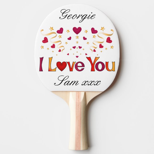 I LOVE YOU Red Heart Gold Ribbon Vintage Valentine Ping Pong Paddle (Front)