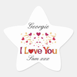 I LOVE YOU Red Heart Gold Ribbon Vintage Valentine Star Sticker