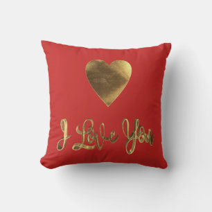 I Love You Romantic Heart Red Gold Typography Cushion