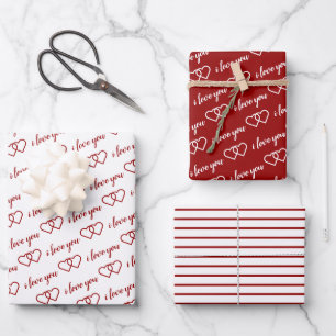 I Love You Romantic Valentine Red Hearts Stripes Wrapping Paper Sheet