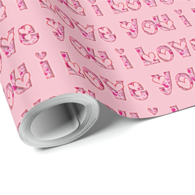 I Love You Romantic Valentines Day Typography Pink Wrapping Paper (Roll Corner)