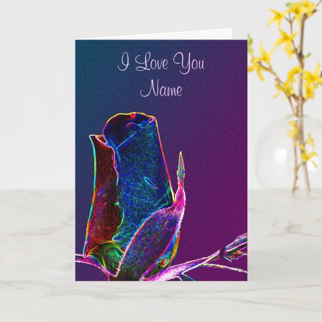 I Love You Rosebud Flower Personalised  Card (Yellow Flower)