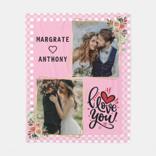 I love You Script Photo Pink and White pesonalized Fleece Blanket