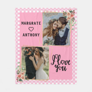 I love You Script Photo Pink and White pesonalized Fleece Blanket