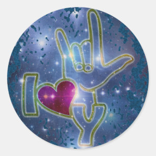 I LOVE YOU / sign language dark blue splatter Classic Round Sticker
