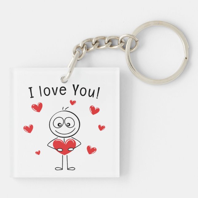I Love You Stick Figure Cute Hearts Key Ring (Back)
