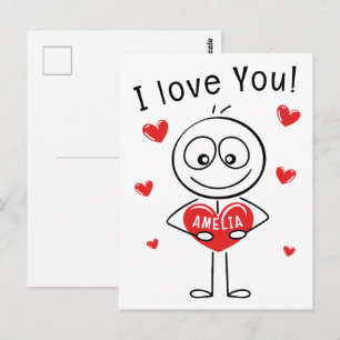 I Love You Stick Figure Cute Hearts Name Postcard