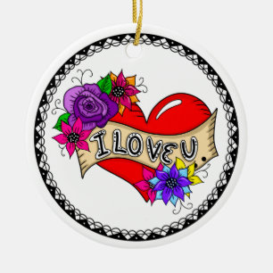 I Love You   Tattoo Heart Art Personalised  Ceramic Ornament