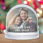 I Love You The Most Romantic Couple Photo Custom Snowglobe<br><div class="desc">I Love You The Most Romantic Couple Modern Photo Template Custom Snow Globes features your favourite photo with your personalised name with the customisable text "I love you the most" in modern calligraphy script. Makes a fantastic gift for Christmas, holidays, birthday, anniversary, Valentine's Day and more. Personalise by editing the...</div>