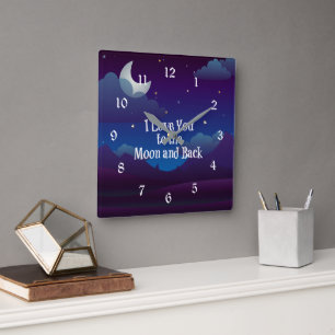 I Love You to the Moon and Back, blue indigo, Square Wall Clock
