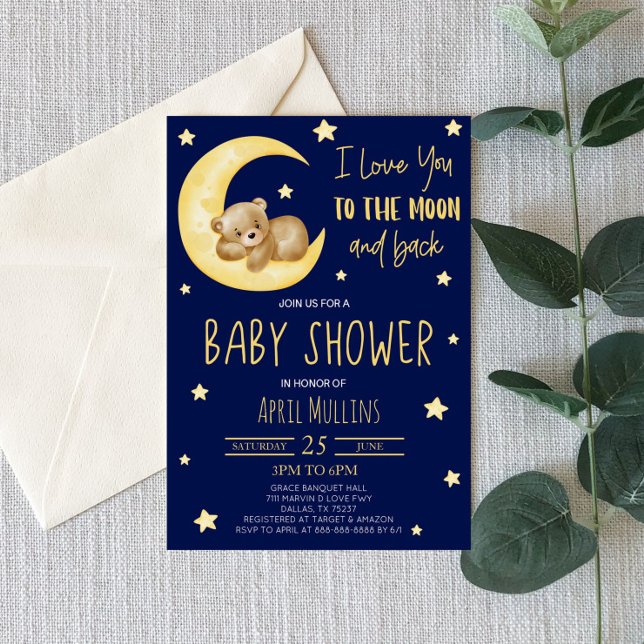 I Love You To The Moon Teddy Bear Baby Shower Invitation (Creator Uploaded)