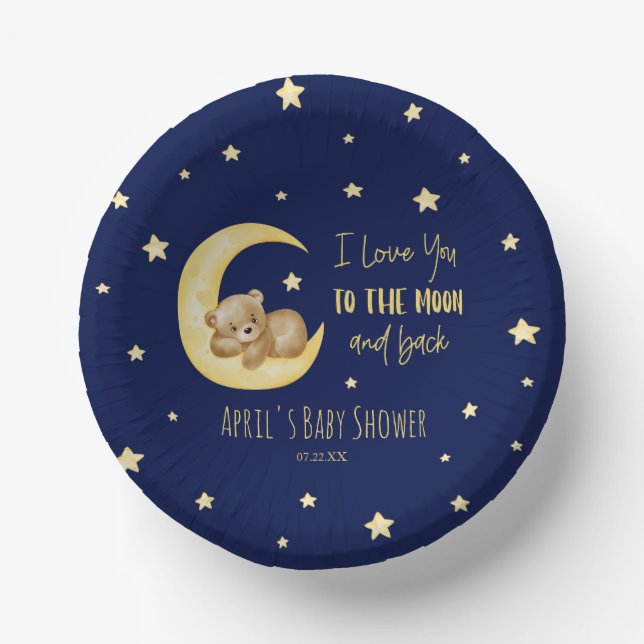 I Love You To The Moon Teddy Bear Baby Shower Paper Plate (Front)