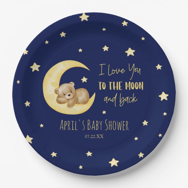 I Love You To The Moon Teddy Bear Baby Shower Paper Plate (Front)