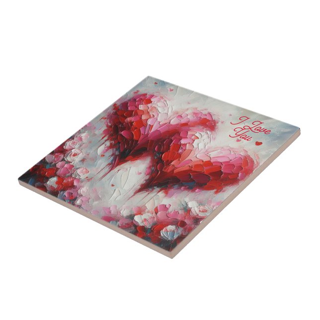I Love You Two Abstract Hearts Painting Valentine Ceramic Tile (Side)