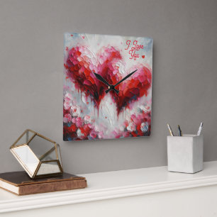 I Love You Two Abstract Hearts Painting Valentine Square Wall Clock
