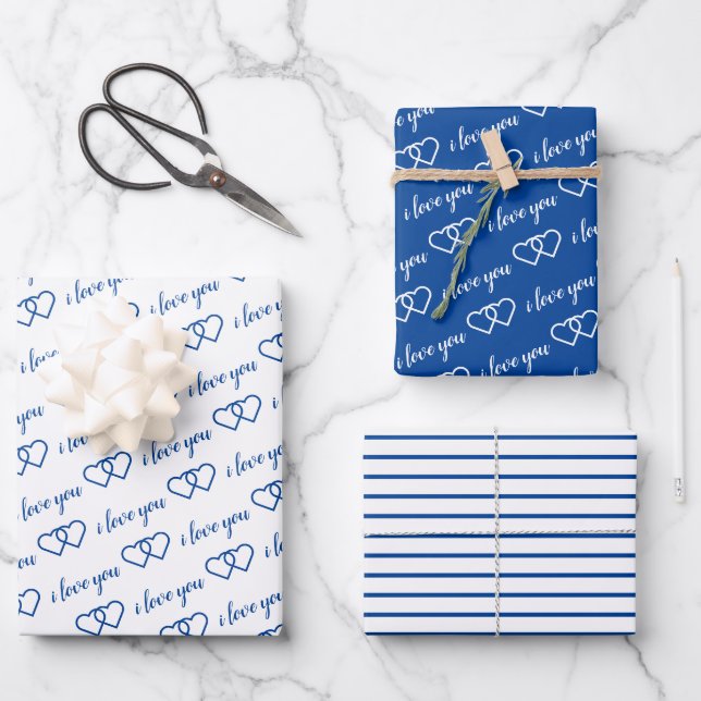 I Love You Valentine Blue Hearts Stripes Wrapping Paper Sheet (Front)