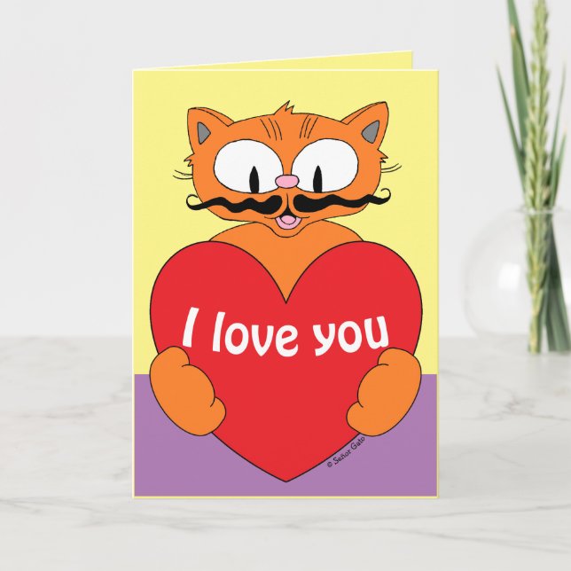 I Love You Valentine Cute Romantic Cartoon Cat Card (Front)