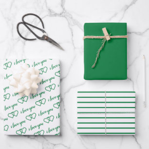 I Love You Valentine Green Hearts Stripes Wrapping Paper Sheet