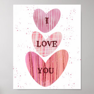 I Love You Valentine Pink Watercolor Hearts Poster