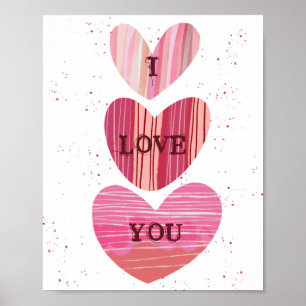 I Love You Valentine Pink Watercolor Hearts Poster
