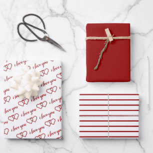 I Love You Valentine Red Hearts Stripes Wrapping Paper Sheet