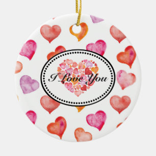 I love you watercolor hearts ceramic ornament