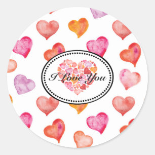 I Love You Watercolor Hearts Classic Round Sticker