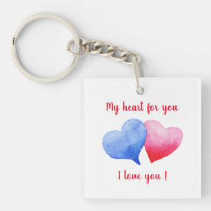 I love you watercolor red and blue heart key ring