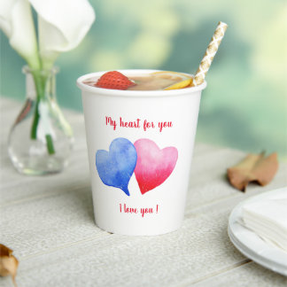 I love you watercolor red and blue heart paper cups