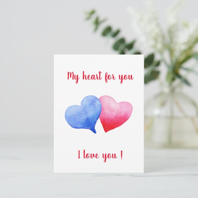 I love you watercolor red and blue heart       postcard (Standing Front)