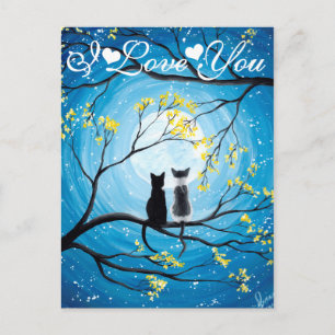 I Love You Whimsical Moon with Cats Postcard