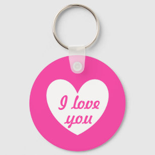 "I love you" White heart on fuchsia pink Key Ring