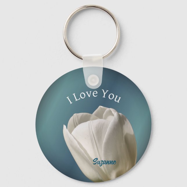 I Love You White Tulip Flower Personalised Key Ring (Front)