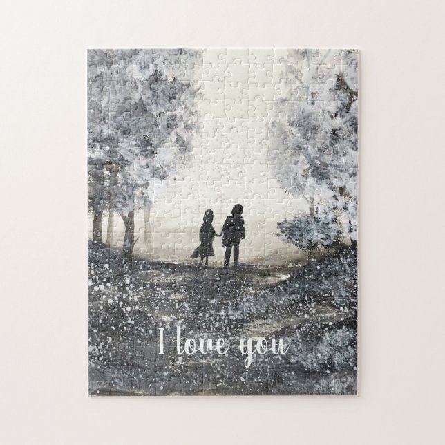 I love you Winter Watercolor couple Wedding Jigsaw Puzzle (Vertical)