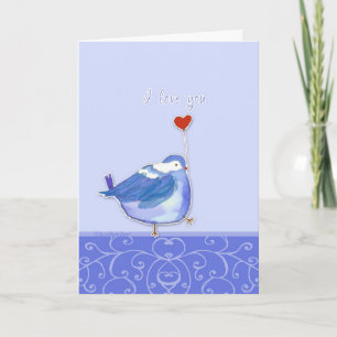 i love you with all my heart, cute bird with heart holiday card