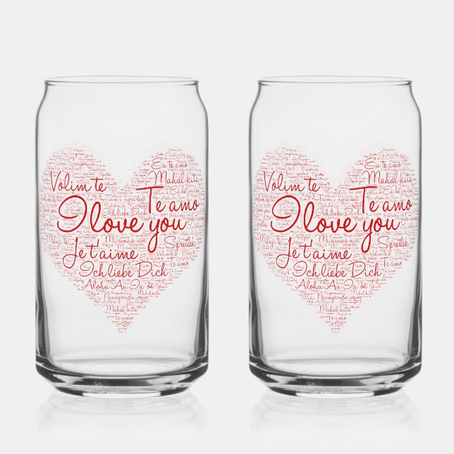 I Love You Word Cloud Red Heart Valentine's Day Can Glass (Front)