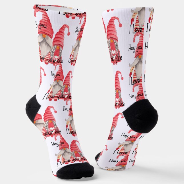 I Love Your Face, Funny Gnome Couple Socks (Angled)