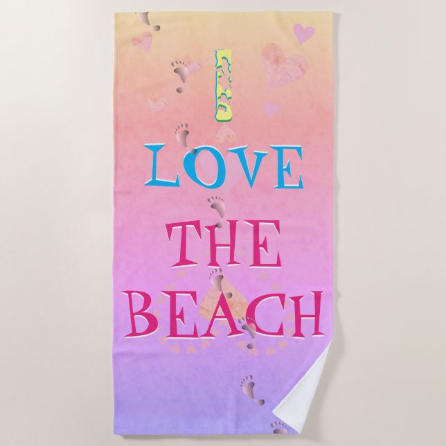"I love (your text)" Beach Sunrise Footprints Beach Towel (Front)