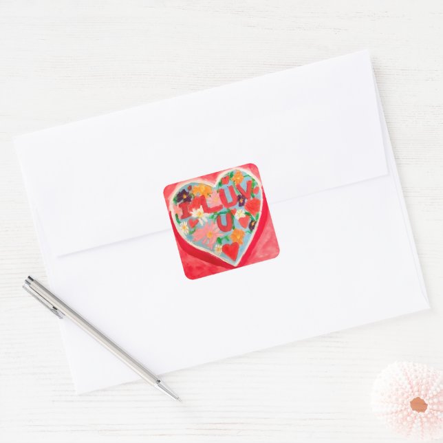 I Luv U Square Sticker (Envelope)