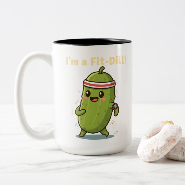 I’m a Fit-Dill! Funny Fitness Pickle Pun Design |  Two-Tone Coffee Mug (With Donut)