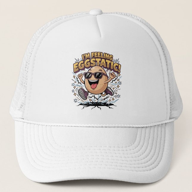 I’m Feeling Eggstatic – Funny Egg Pun Cartoon Trucker Hat (Front)