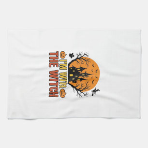 I’m With The Witch Vintage Halloween Castle Design Tea Towel