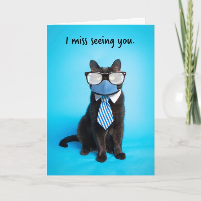 I Miss Seeing You Cat in Foggy Glasses Face Mask Holiday Card (Front)