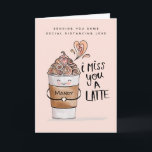 I Miss You A Latte Kawaii Coffee Social Distancing Card<br><div class="desc">Show your love and tell the loved ones in your life your thinking of them and missing them with our cute "I Miss You A Latte" greeting card. Card features our hand-drawn kawaii style latte coffee-to-go cup illustration. Whimsical latte mug kawaii character with swirl and heats creating the latte foam....</div>