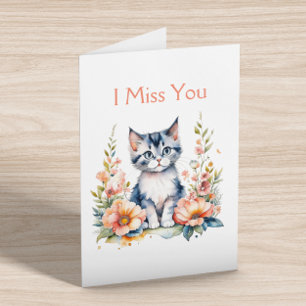 I Miss You   Grey Kitten in Pink Flowers Card