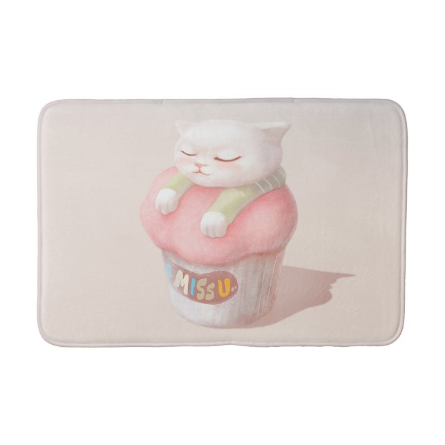 I Miss You: Kawaii Sleeping Cat Cupcake Art Bath Mat (Front)