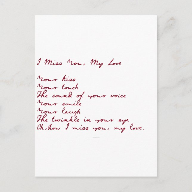 I Miss You, My Love Poem Postcard (Front)