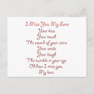 I Miss You, My Love Poem Red on Red Postcard